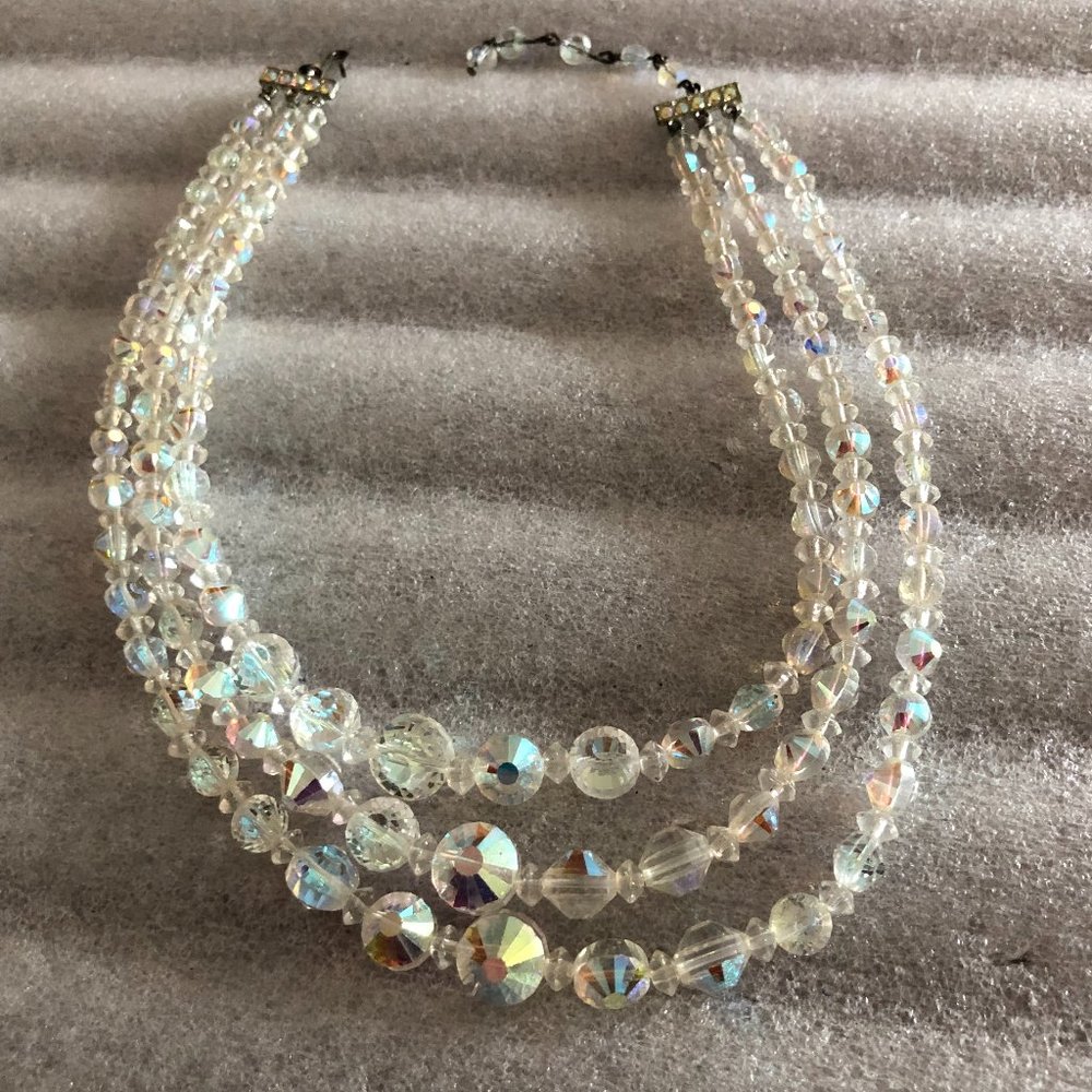 Vintage Triple Strand Aurora Borealis Glass Beads Necklace